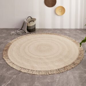 Cream Fringed Round Rug